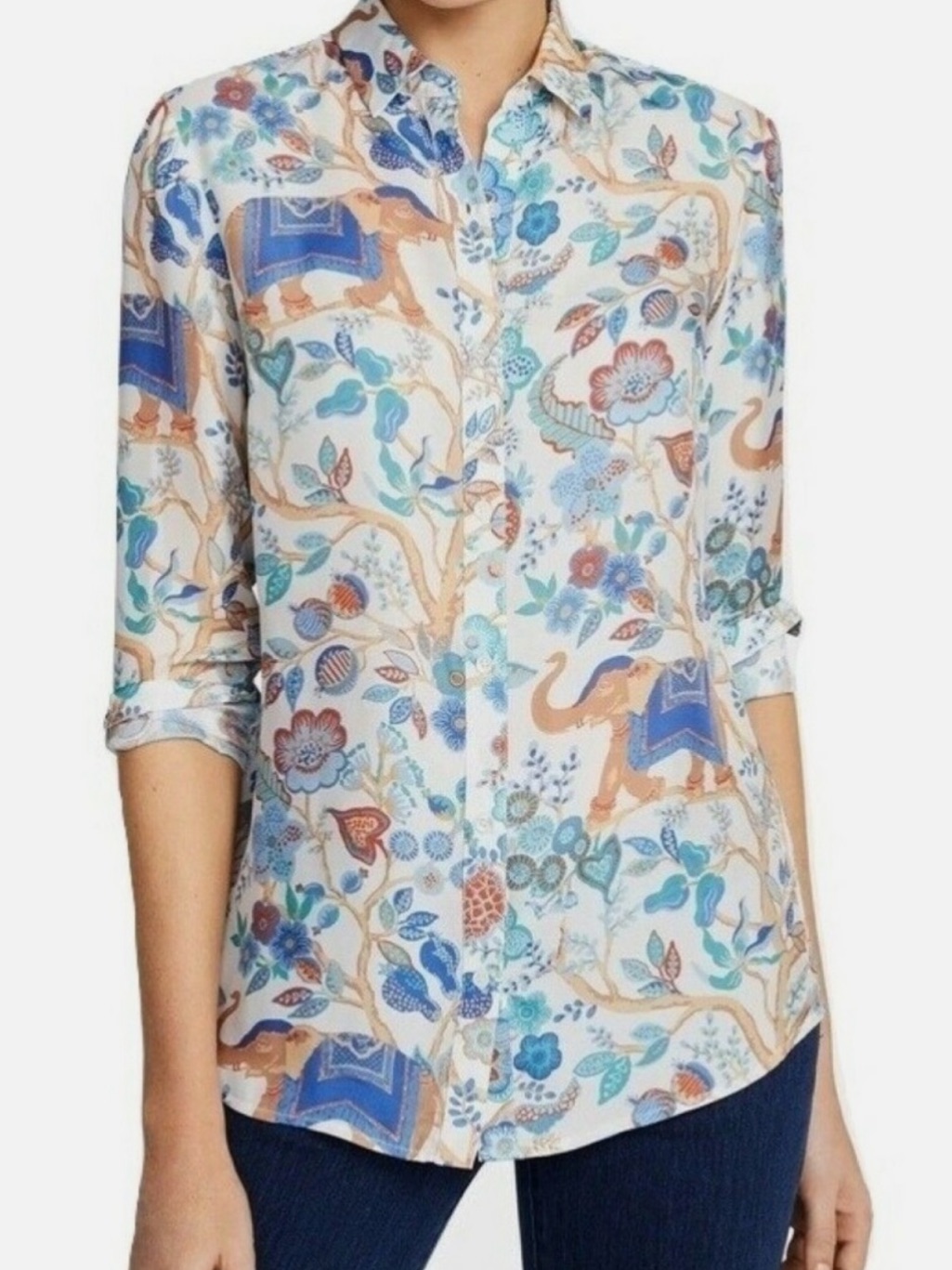 J.Mclaughlin Lois Sucre Blossom Silk Elephant Floral Button Front Shirt